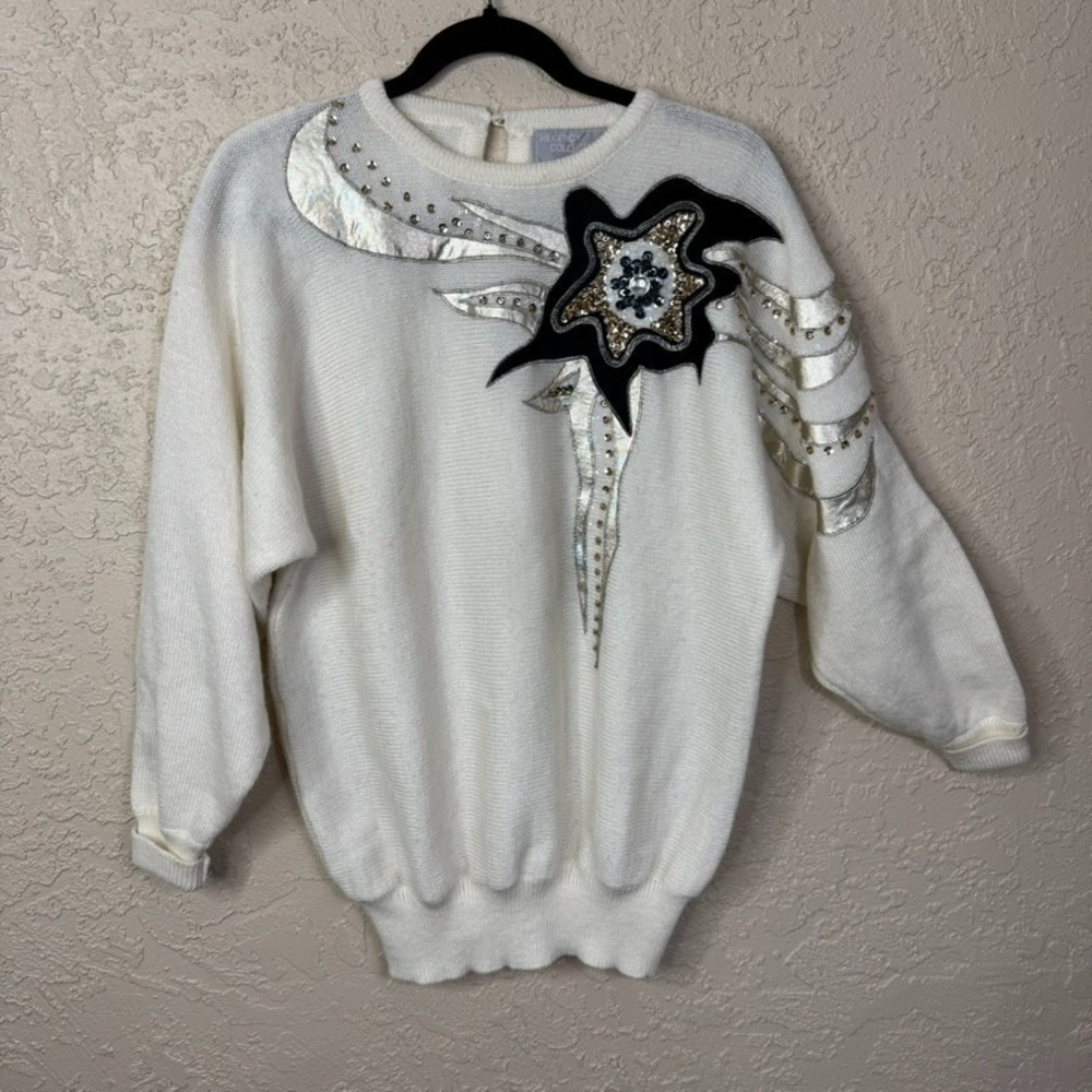 VTG 80s Womens Sweater Size S White Silver Sequined Star Disco Sparkle Bling
